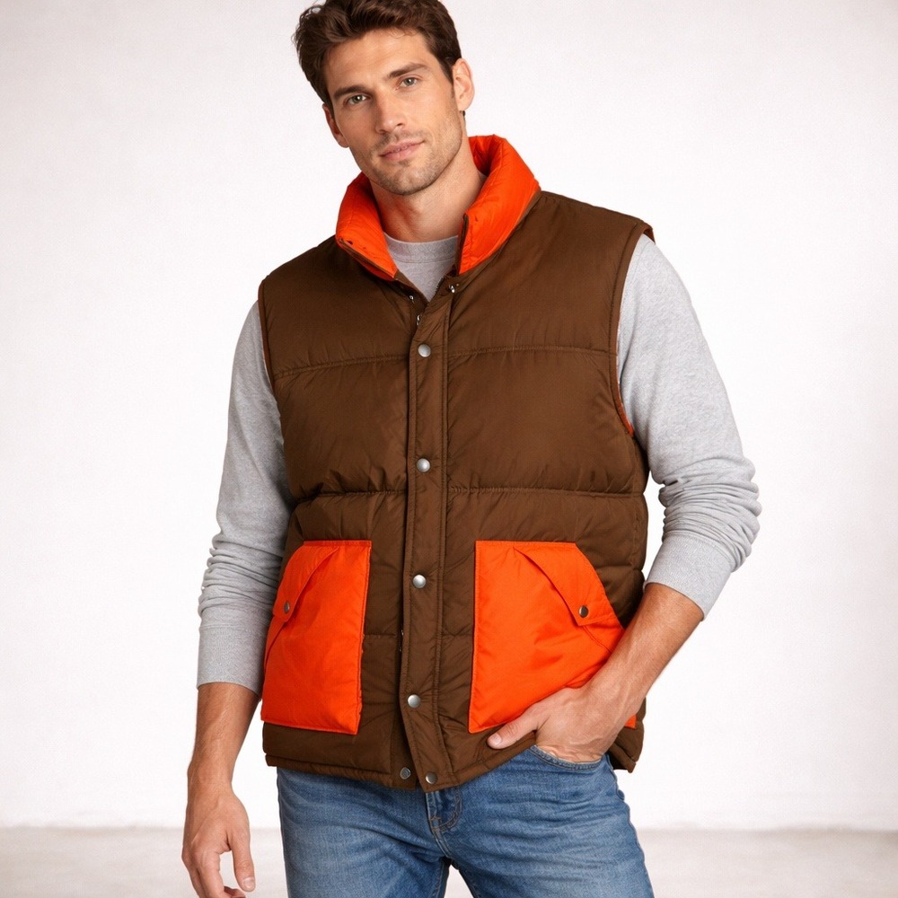 Vintage Brown Orange Puffer Vest‎ Pioneer Sportswear Down Insulated Medium